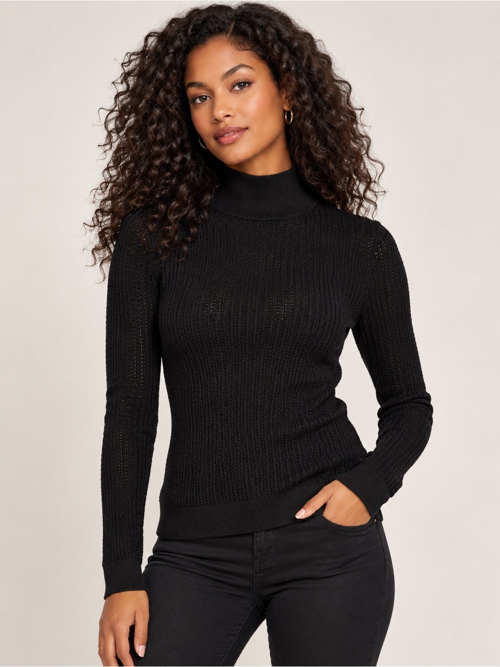 Alice + Olivia Classics Black Open-Knit Turtleneck Sweater